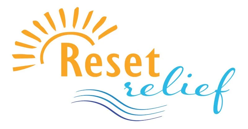 Logo of "Reset Relief" with a stylized sun above the word "Reset" and blue wavy lines below the word "relief."