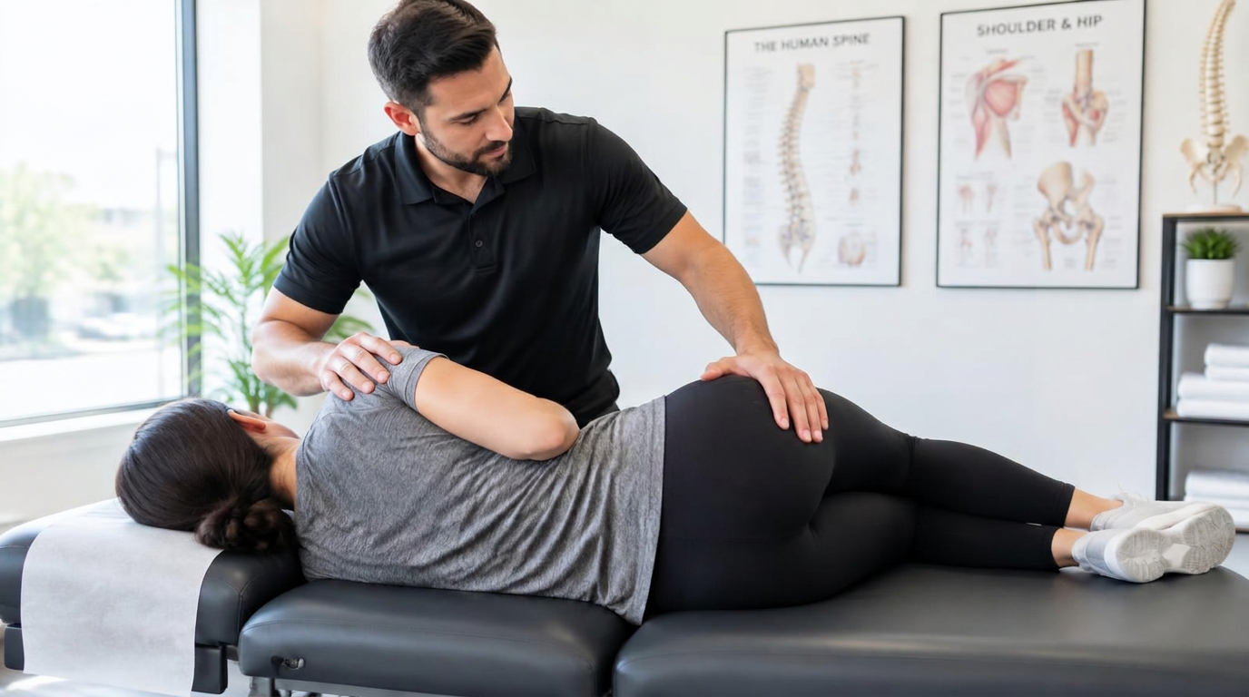 Practitioner pressing on the hip and shoulder of a woman lying on her side on a treatment table