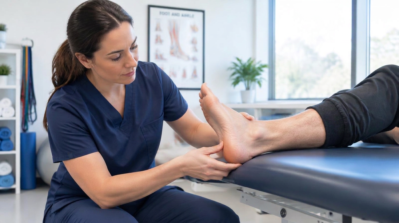 Practitioner in navy scrubs holding the bare foot of a patient lying on a treatment table
