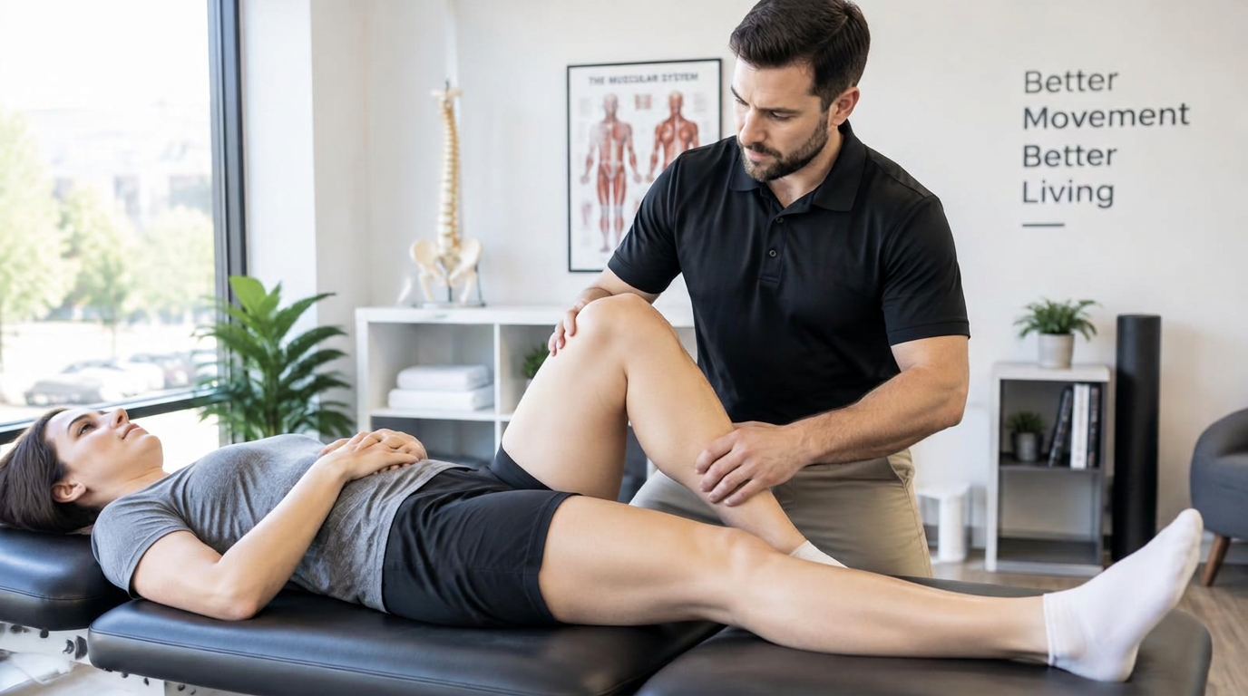 Practitioner bending the knee of a woman lying on her back on a treatment table