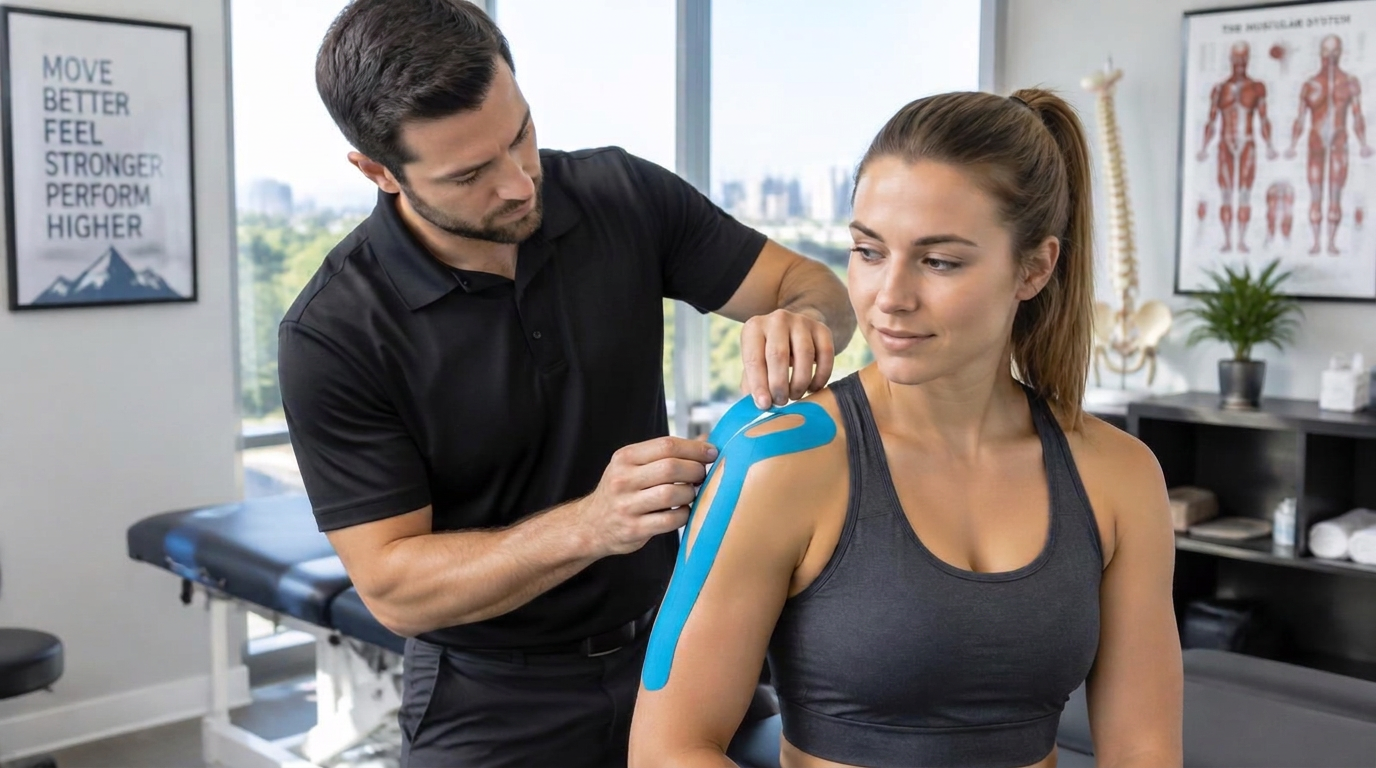 Practitioner applying blue kinesiology tape to the shoulder of a woman in athletic wear