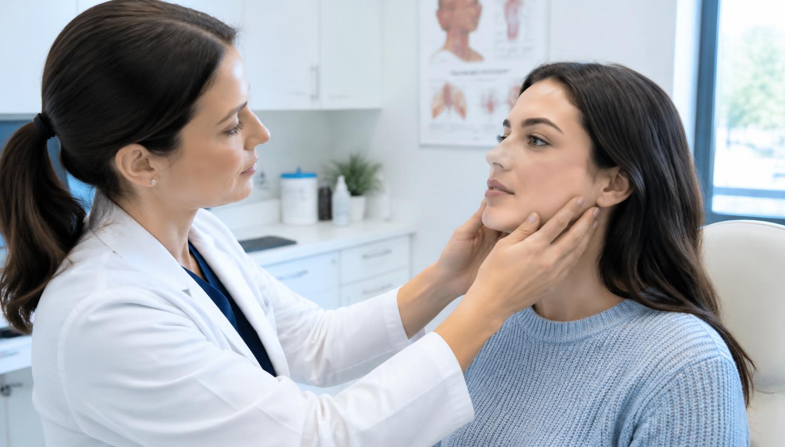 Clinician in a white coat gently holding both sides of a woman's jaw